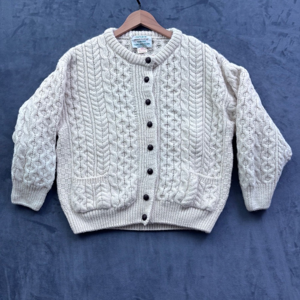 Cladyknit Irish Wool Cardigan Sweater Cream Cable Knit Hand Finished Ireland S